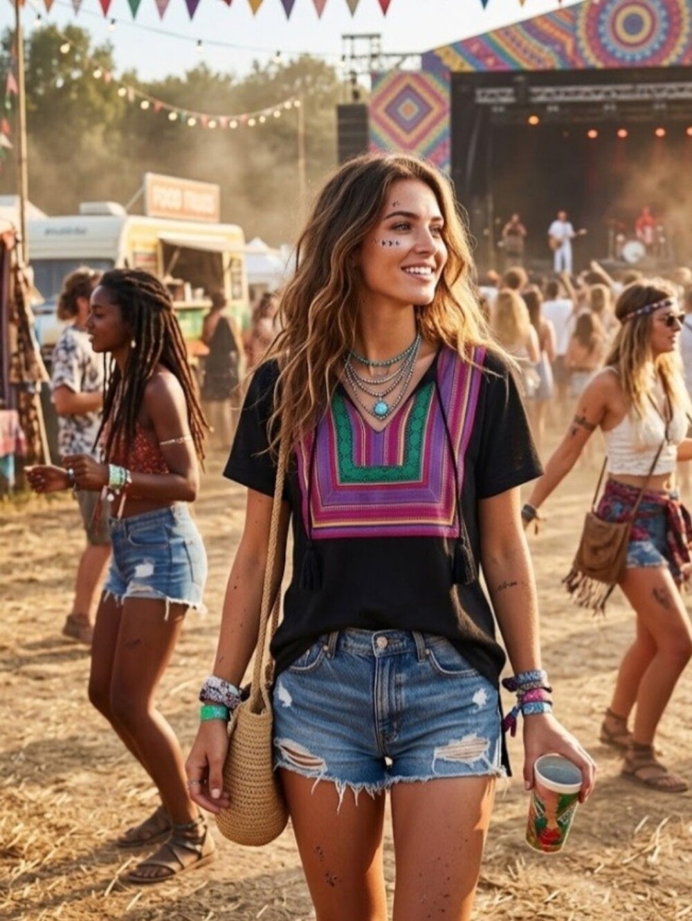 Buffalo David Bitton Black Y2K Women’s Top with Multicolor Serape - NWT